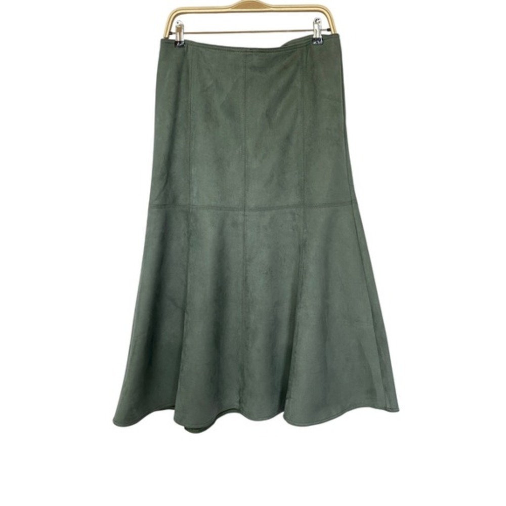 Ann Taylor Faux Suede Paneled Flared Midi Skirt Women 10T Olive Green